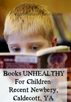 a young boy is reading a book with the title books unhealthy for children recent