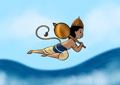 a cartoon image of a person with a hat and a stick in the air above water