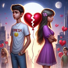 18 year old boy and 18 year old girl both break up, boy wearing t-shirt with name "Dinesh" written on it, both standing with back to each other, boy crying and girl sad, break-up decoration, break red heart, boy holding red break - heart balloon with sad emoji in 3d, Both are standing on tall building, girl wearing Purple dress, 3d picture, moon, stars Break Up Photoshoot Poses, Brekup Pic Heart, Break-up Images Couple, Pictures Of Heart Break, Break Up Dp, Breakup Photoshoot, Breakup Dp, Breakup Dp Photo, Photo To Cartoon Photoshop