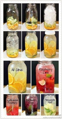 there are many different types of lemonade in mason jars with names on the labels