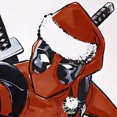 a drawing of a deadpool wearing a santa hat and holding a computer keyboard in his hand