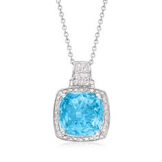 Ross-Simons - 6.50ct Swiss Blue Topaz Square Pendant Necklace in Silver. 18". Emitting a scintillating hue, this 6.50 carat square cushion-cut Swiss blue topaz necklace will remind you of sitting by a rippling pool on a hot summer day. Here, the glowing gem is neatly outlined by a beaded sterling silver border and suspends from a cable chain. Springring clasp, Swiss blue topaz pendant necklace. Blue Topaz birthstones are the perfect gift for December birthdays. Luxury Diamond-cut Blue Topaz Necklace, Swiss Blue Topaz Necklace, Blue Topaz Pendant Necklace, Square Pendant Necklace, Topaz Birthstone, Blue Topaz Necklace, Blue Topaz Pendant, Topaz Pendant, Topaz Necklace