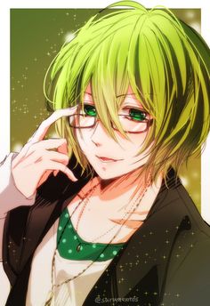 an anime character with green hair and glasses holding his finger up to his nose while looking at the camera