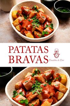 two bowls filled with potatoes and vegetables on top of a table next to other dishes