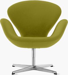 an egg chair with chrome legs and a green upholstered seat, viewed from the front