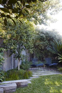 an outdoor patio area with chairs and trees in the back yard, surrounded by greenery