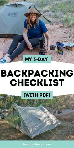 a woman sitting in front of a tent with the text my 3 - day backpacking checklist with pd