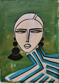 an abstract painting of a woman's face with earrings on her head and green background