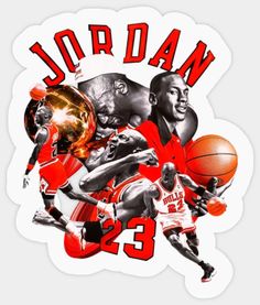 an image of jordan basketball players collaged in red and white with the number 23