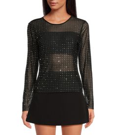 From Gianni Bini&#x2C; this blouse features:Rhinestone mesh fabricationCrew necklineLong sleevesPullover construction Approx. 24" in lengthPolyester/ elastane Dry cleanImported. Party Blouse With Sheer Sleeves And Crew Neck, Crew Neck Top With Mesh Sleeves For Night Out, Fitted Crew Neck Mesh Top For Party, Fall Evening Tops With Mesh Sleeves, Glamorous Fitted Top With Mesh Sleeves, Glamorous Tops With Sheer Sleeves And Stretch, Fitted Rhinestone Tops For Fall, Stretch Evening Tops With Rhinestones, Chic Embellished Long Sleeve Tops