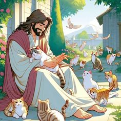 jesus sitting on the ground surrounded by cats