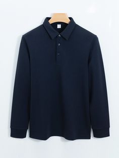 Men's Easy Care Solid Long Sleeve Polo Shirt Navy Collared Top With Relaxed Fit, Navy Long Sleeve Cotton Shirt, Long Sleeve Cotton Tops With Ribbed Collar, Winter Cotton Collared Tops, Cotton Long Sleeve Tops With Ribbed Collar, Navy Polo Collar Top For Fall, Navy Long Sleeve Shirt With Relaxed Fit, Navy Relaxed Fit Collared Top, Navy Relaxed Fit Top With Ribbed Collar