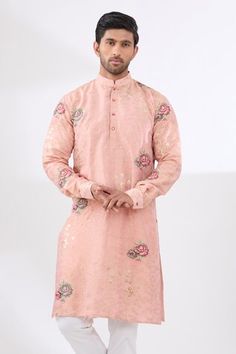 Pink tissue kurta with zari floral embroidery and rose motif embroidery. Paired with a cotton silk pant. - Aza Fashions Eid Cotton Silk Churidar With Floral Embroidery, Spring Wedding Sherwani In Raw Silk, Traditional Pink Sherwani With Floral Embroidery, Spring Embroidered Chanderi Sherwani, Diwali Art Silk Kurta With Floral Embroidery, Festive Silk Sherwani With Floral Embroidery, Traditional Sherwani With Pallu For Spring, Tissue Kurta, Motif Embroidery