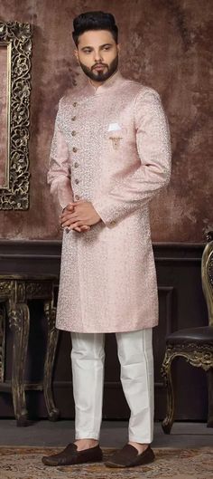 Pink and Majenta color Jacquard fabric IndoWestern Dress : 1842300 Elegant Pink Sherwani With Intricate Embroidery, Pink Embroidered Sherwani For Formal Occasions, Formal Pink Embroidered Sherwani, Formal Brocade Dress With Intricate Embroidery, Festive White Brocade Dress, Elegant Pink Sherwani For Ceremonial Occasions, Elegant Embroidered Jacquard Dresses, Elegant Festive Jacquard Dress, Winter Wedding Dress With Embroidery