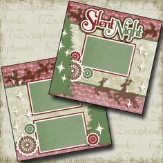 two christmas cards with reindeers and snowflakes on them, one is green and the other is red