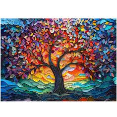 a painting of a tree with colorful leaves on it