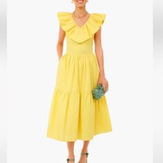 The Ruffle Jo Dress Features A V-Neckline With Flutter Sleeves And A Tiered A-Line Skirt. Breezy And Feminine, This Style Is Versatile For Everything From Picnics In The Park To Special Occasions. Add Wedges And Statement Earrings For An Extra Pop Of Color! V-Neckline Flutter Sleeves Midi Length Tiered A-Line Skirt Care: Hand Wash Cold Water, Lay Flat To Dry **Authentic Hyacinth House From Tuckernuck** V-neck Ruffled Midi Dress For Garden Party, V-neck Ruffle Midi Dress For Garden Party, V-neck Midi Dress With Ruffles For Garden Party, V-neck Yellow Dress With Ruffle Hem, V-neck Ruffle Dress For Spring Garden Party, V-neck Midi Dress With Ruffles For Daywear, Feminine Yellow V-neck Midi Dress, Chic V-neck Ruffle Dress For Daywear, Tuckernuck Dress