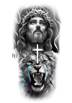 the face of jesus and a lion with a cross on it