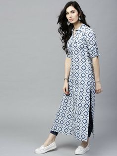 Style tip : show your love for prints with this sassy kurta. A pair of white leggings will go well with this kurta. Complete your look with a pair of wedges and minimal accessories. Look classy and stylish in this piece and revel in the comfort of the soft fabric. | eBay! Shrug Dress, Kurti Long, Denim Kurti, Fashion Job, Long Shrug, Shrug For Dresses, Kurti Patterns