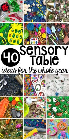 a collage of different toys and crafts for the whole year with text overlay that reads 10 sensory table ideas for the whole year