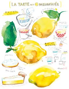 a watercolor and ink drawing of lemons with their names in french on them