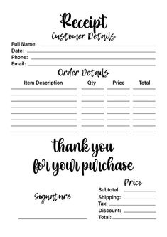 a printable receipt with the words thank you for your purchase and price on it