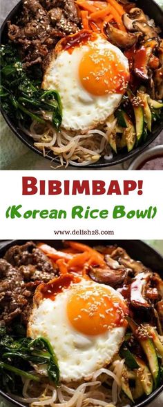 two plates filled with different types of food and the words bibimbap korean rice bowl