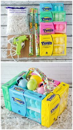 two pictures show the inside and outside of an easter basket