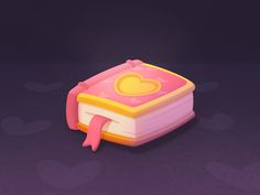 a pink and yellow book with a heart on the cover sitting on a purple surface