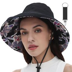 PRICES MAY VARY. 【Reversible Design & Complimentary Hat Clip】: Two sides are wearable womens bucket hat summer, in one sun hat can have two styles, classic solid colours or fashionable canvas flowers to add a playful and stylish atmosphere to your outfit.Wide brim hat also comes with a removable and freely adjustable chin strap and hat clip.Hat clip can be very convenient to carry caps and can also clip other small objects, very suitable for daily life or travel. 【Wide Brim & UPF50+ Sun Protecti Outdoor Bucket Hat With Uv Protection, Lightweight Outdoor Sun Hat, Adjustable Reversible Sun Hat For Outdoor, Adjustable Reversible Bucket Hat For Outdoor, Reversible Adjustable Bucket Hat For Outdoor, Black Bucket Hat For Spring Travel, Lightweight Packable Bucket Hat, Adjustable Reversible Hats For Outdoor, Reversible Brimmed Sun Hat For Outdoor