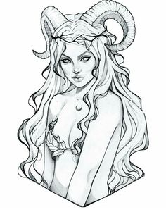 a drawing of a woman with horns on her head