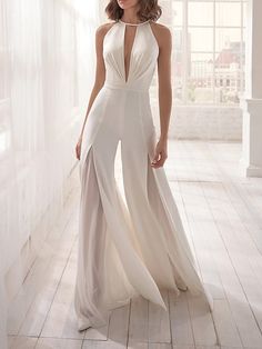 Jumpsuits Beautiful Back Sexy Holiday Wedding Guest Dress V Neck Sleeveless Floor Length Chiffon with Lace Insert Pure Color 2022 8982414 2022 – $159.99 Jumpsuit Wedding Dress, Halter Neck Jumpsuit, Bridal Jumpsuit, Wedding Jumpsuit, Halter Jumpsuit, Backless Jumpsuit, Jumpsuit Elegant, Jumpsuit Party, White Jumpsuit