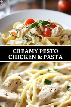 creamy pesto chicken and pasta is an easy dinner recipe that's ready in less than 30 minutes