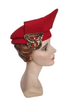 This amazing beret style woman's hat.  Red hat with gold sequins. The design in this hat makes for an eye catching finish.  Label reads: New York       Creation Adjustable   Condition is very good to excellent. The gold sequins add the beauty of the amazing period piece. To wear or display. Perfect for film photography and/or museum. More of this period is to be listed soon. HAT BLOCK/MANNEQUIN NOT INCLUDED Buyer pays all related, USPS Priority, shipping costs, including insurance. All sales fin Red Fitted Mini Hats For Winter, Retro Red Party Hat, Red Retro Party Hat, Vintage Red Party Hat, Fitted Gold Cap, Gold Fitted Cap, Elegant Gold Cap Costume Hat, Elegant Gold Cap Costume Headpiece, Gold Party Hat For Winter