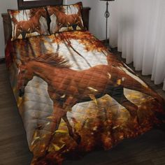 a bed with horses on it in a room