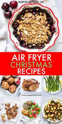 an air fryer christmas recipe collage with the title above it in red and white