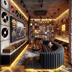 Experience ultimate relaxation in this man cave, merging rustic and industrial styles. Kick back on the plush black sofa, enjoy drinks from the stocked bar, or challenge friends at the billiards table. Moods are set by adjustable LED lights, while a jukebox plays your favorite tunes. #ManCave #HomeBar #MensSpace #GameRoom #HomeDecor #IndustrialDesign Man Cave Inspo, Rustic Music Room, Listening Room Ideas, Basement Vibes, Garage Bar Ideas, Music Building, Industrial Style Living Room, Games Room Inspiration