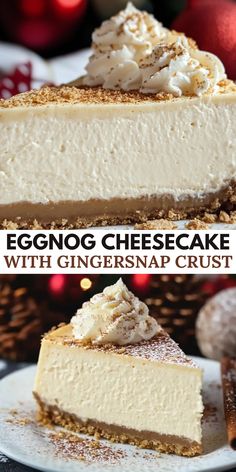 Eggnog Cheesecake with Gingersnap Crust is a festive dessert combining creamy eggnog flavor with a spiced gingersnap base. This rich, smooth cheesecake is ideal for holiday gatherings and winter celebrations.  With simple ingredients and a touch of holiday spice, this cheesecake brings warmth and festive cheer to every slice. Christmas Desserts Eggnog, Eggnog Cream Cheese Pie, Egg Nog Cheesecake Bars, Desserts With Eggnog, Eggnog Custard Pie, Eggnog Pie Recipe No Bake, Eggnog Desserts Easy, Eggnog Recipes Desserts, Eggnog Recipes Baking