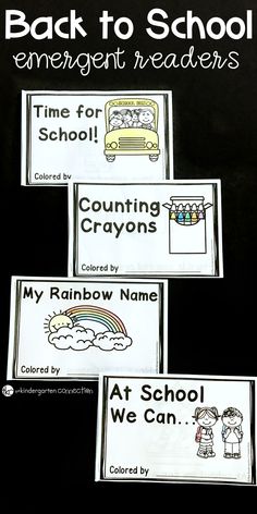 back to school emerger readers with rainbows and clouds in the background on black paper