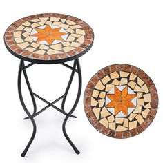 two small mosaic tables with star designs on them