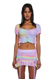 base|tie dye Spring Multicolor Tops With Drawstring, Fitted Rainbow Top For Spring, Fitted Rainbow Crop Top For Summer, Fitted Multicolor Ruched Tops, Summer Drawstring Cropped Crop Top, Fitted Summer Crop Top With Drawstring, Summer Cropped Drawstring Crop Top, Multicolor Y2k Crop Top For Spring, Multicolor Ruched Tops For Summer