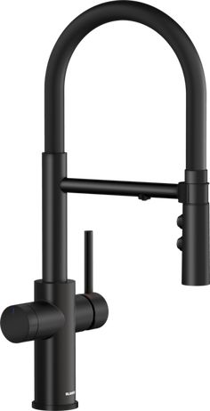 a black faucet with two handles