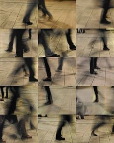 multiple images of people walking down the street with their feet up and one person in motion