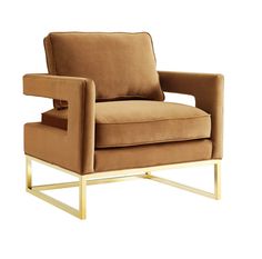 a brown chair with gold legs and a tan cushion