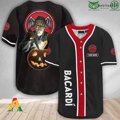 Spooky Personalized Michael Myers Pumpkin Bacardi Halloween Baseball Jersey Shirt Black Halloween Shirt With Character Print, Black Shirt For Halloween Costume Party, Black Short Sleeve Shirt For Costume Party, Black Horror Shirt For Halloween, Fitted Shirt For Halloween Streetwear, Black Shirt With Sublimation Print For Halloween, Halloween Streetwear Shirt With Sublimation Print, Fitted Tops For Halloween Fan Merchandise, Michael Myers Pumpkin