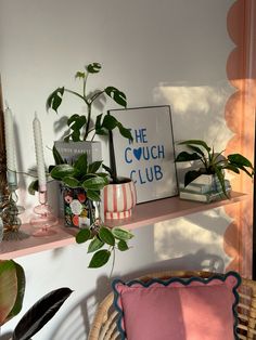 some plants are sitting on a shelf in a room with pink pillows and other items