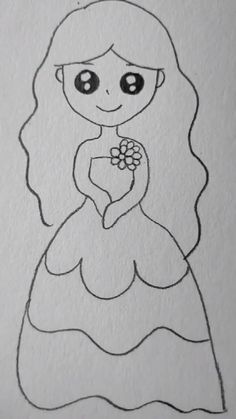 a drawing of a girl in a dress holding a flower