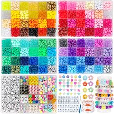 various colors of beads and stickers on a white background with the words,'i love