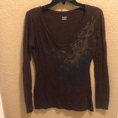 Nwot A.N.A Long Sleeve Brown Shirt. Gold, Green, Teal & Purple Foil Colors. Beautiful Shirt For The Fall Weather. Purple Foil, Brown Shirt, Swaggy Outfits, Long Sleeve Tees, Fashion Inspo, Womens Tops, Outfit Inspo, Cute Outfits, Tops & Tees