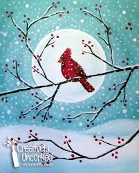 a painting of a cardinal perched on a tree branch in front of a full moon